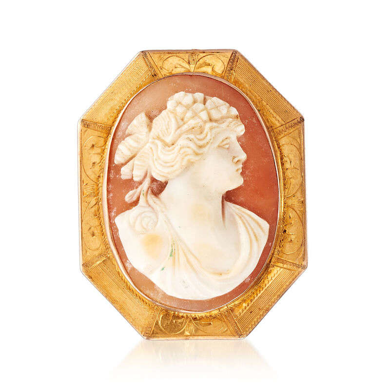 C. 1950 Vintage Oval Shell Cameo Pin Pendant in 10kt Yellow Gold. Pin image number 2