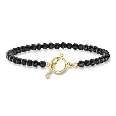3.5-4mm Onyx Bead Charm-Compatible Toggle Bracelet in 18kt Gold Over Sterling