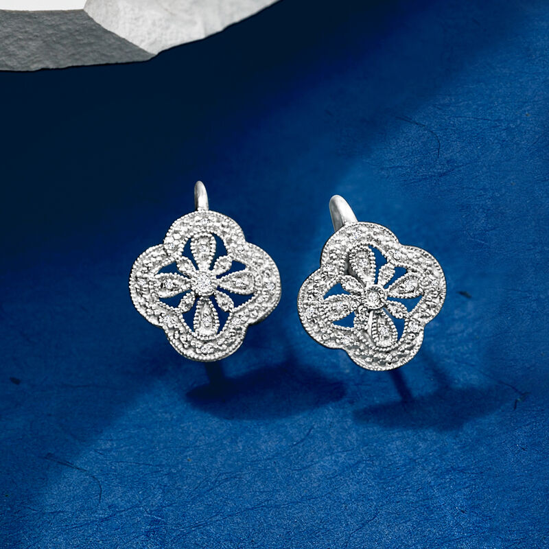 Openwork Clover Drop Earrings with Diamonds in Sterling Silver image number 4