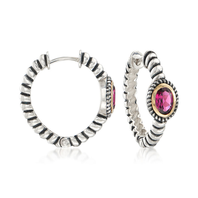 2.00 ct. t.w. Rhodolite Garnet Bali-Style Hoop Earrings in 14kt Gold and Sterling Silver. 7/8&quot; image number 0
