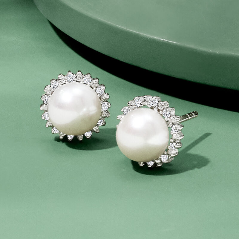 7-7.5mm Cultured Button Pearl and .13 ct. t.w. Diamond Stud Earrings in Sterling Silver image number 5