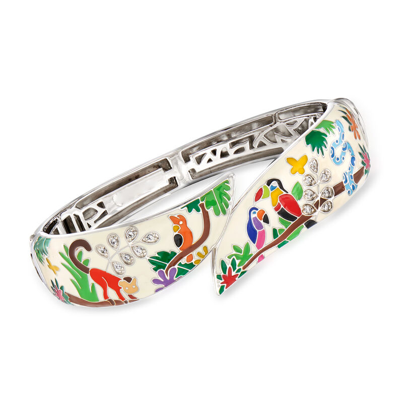 Belle Etoile &quot;Tropical Rainforest&quot; Ivory and Multicolored Enamel Bangle Bracelet with .15 ct. t.w. CZs in Sterling Silver. 7.5&quot; image number 0