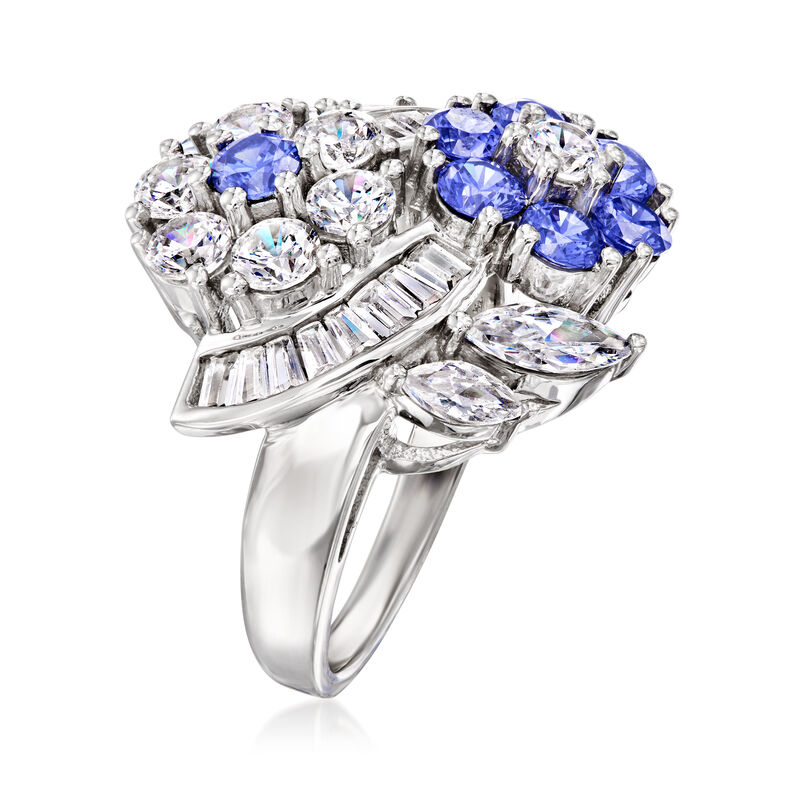 2.70 ct. t.w. CZ and 1.10 ct. t.w. Simulated Tanzanite Floral Ring in Sterling Silver image number 2