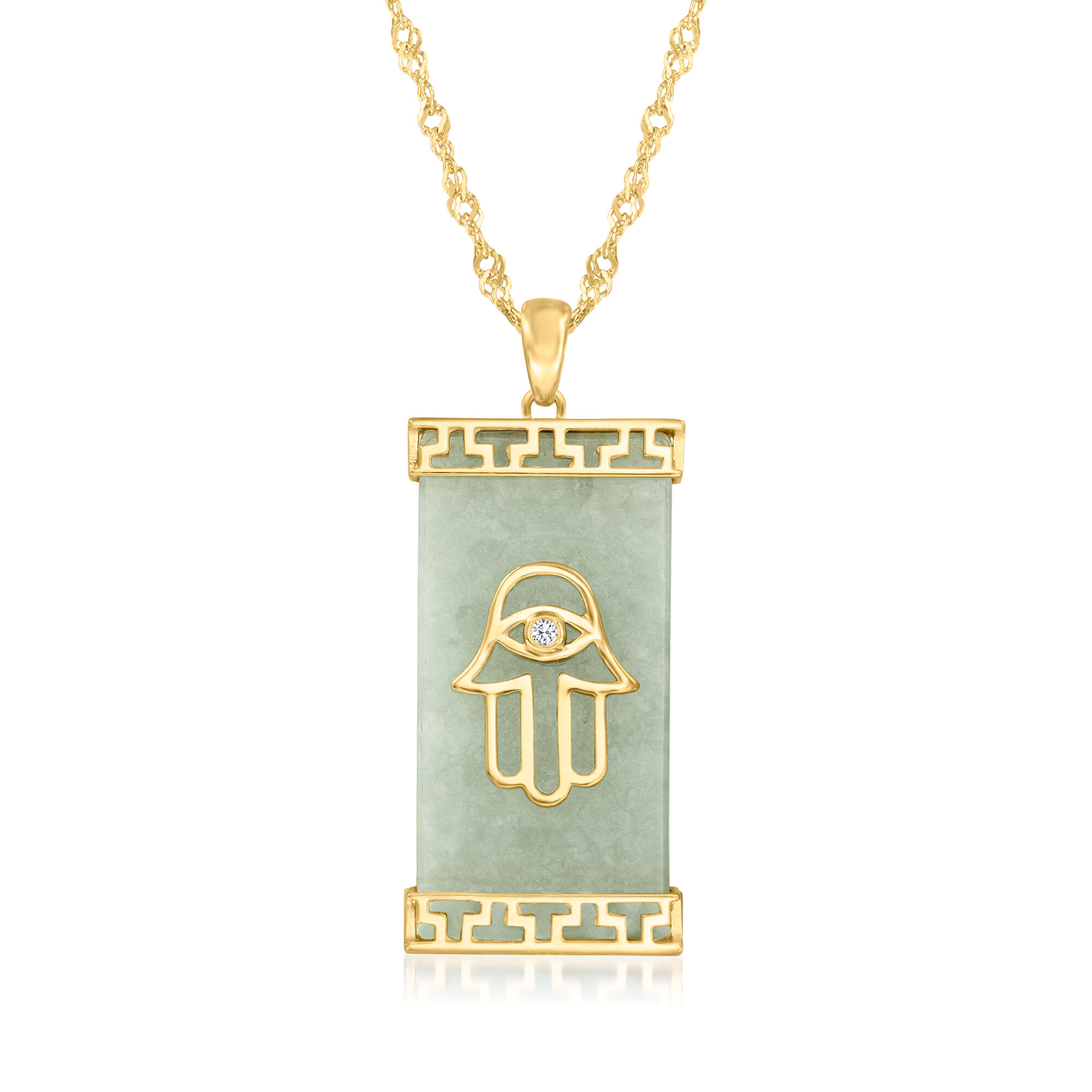 Jade Hamsa Pendant Necklace with Single Diamond in 18kt Gold Over
