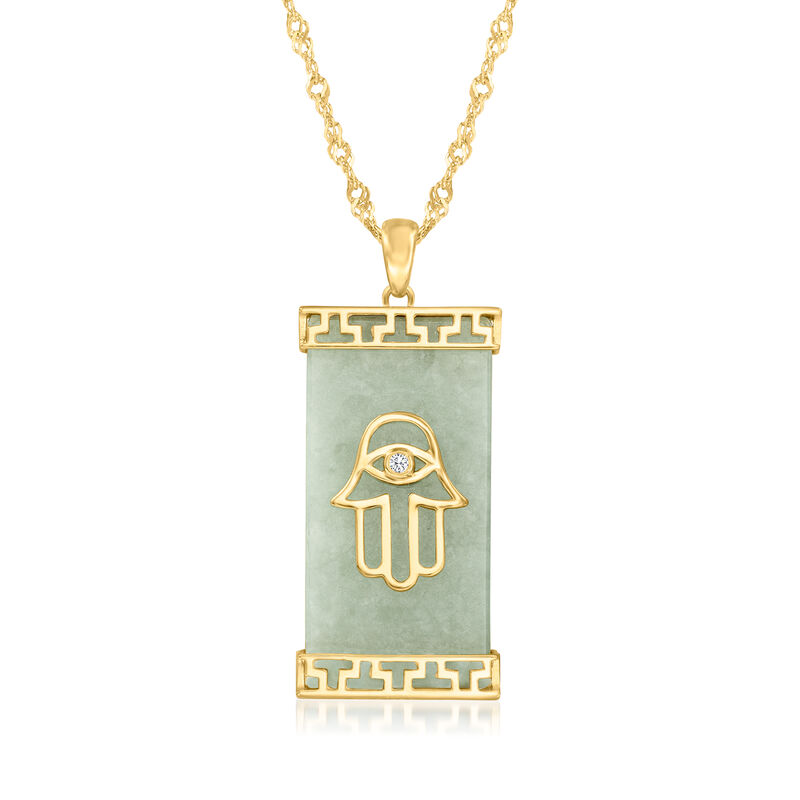 Jade Hamsa Pendant Necklace with Single Diamond in 18kt Gold Over Sterling image number 0