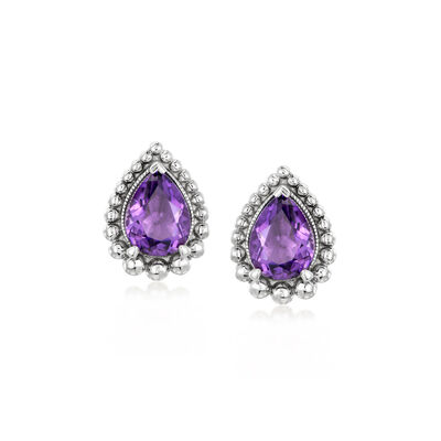 Gabriel & Co. 2.20 ct. t.w. Amethyst Beaded-Edge Teardrop Earrings in Sterling Silver
