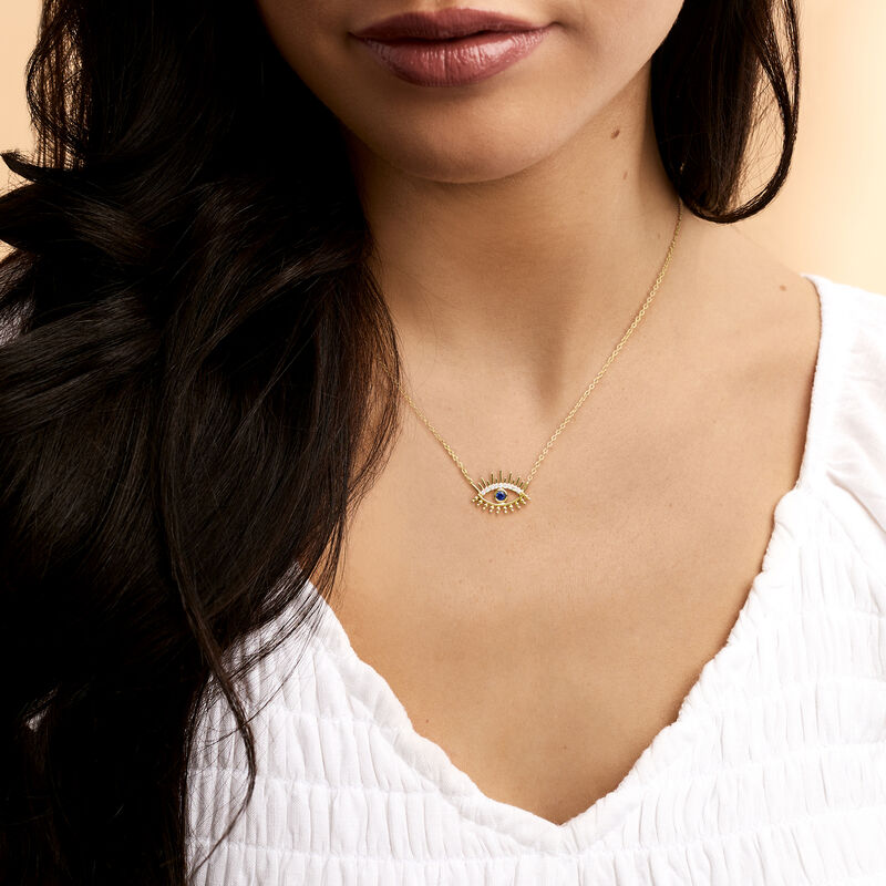 .10 Carat Lab-Grown Sapphire Evil Eye Necklace with Lab-Grown Diamonds in 18kt Gold Vermeil. 16&quot; image number 0