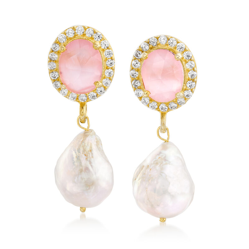 13-13.5mm Cultured Baroque Pearl and 1.00 ct. t.w. Rose Quartz Drop Earrings in 14kt Gold Over Sterling image number 0