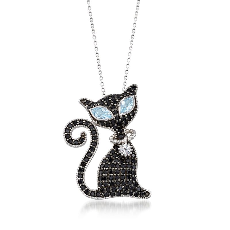 2.00 ct. t.w. Black Spinel and 1.60 ct. t.w. Sky Blue and White Topaz Cat Pin/Pendant Necklace in Sterling image number 0
