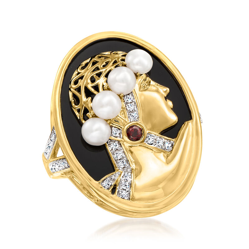 Black Agate, 3.5-4mm Cultured Pearl and .14 ct. t.w. Multi-Gemstone Cameo-Style Ring in 18kt Gold Over Sterling image number 3