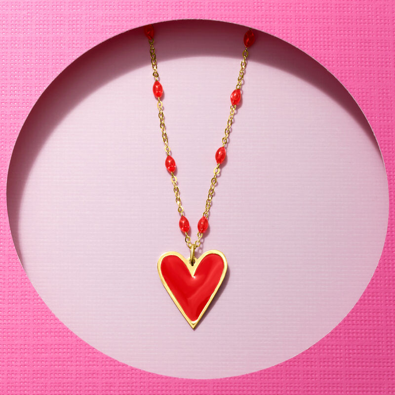 Italian Personalized Red Enamel Heart Necklace in 14kt Yellow Gold image number 3