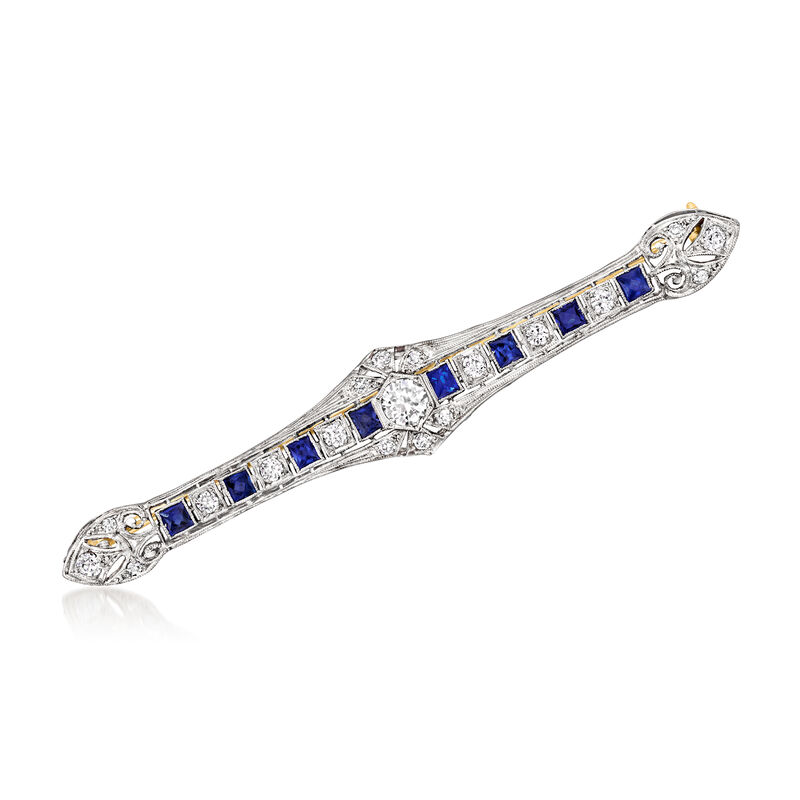 C. 1950 Vintage 1.00 ct. t.w. Diamond and .80 ct. t.w. Synthetic Sapphire Filigree Bar Pin in Platinum image number 0