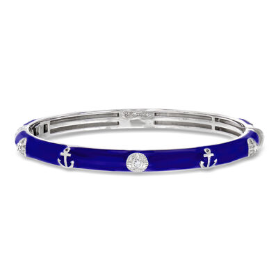 Belle Etoile "Maritime" Blue Enamel and .12 ct. t.w. CZ Bangle Bracelet in Sterling Silver