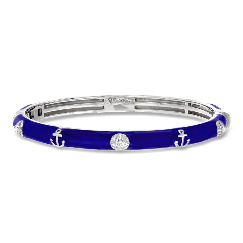 Belle Etoile "Maritime" Blue Enamel and .12 ct. t.w. CZ Bangle Bracelet in Sterling Silver. 7" image number 0