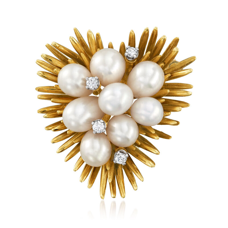 C. 1970 Vintage Tiffany Jewelry Cultured Pearl and .20 ct. t.w. Diamond Heart Pin in 18kt Yellow Gold  image number 0
