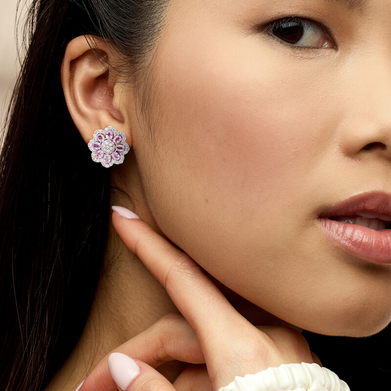 C. 1990 Vintage 2.90 ct. t.w. Pink Sapphire and 2.15 ct. t.w. Diamond Flower Earrings in 14kt White Gold  image number 1