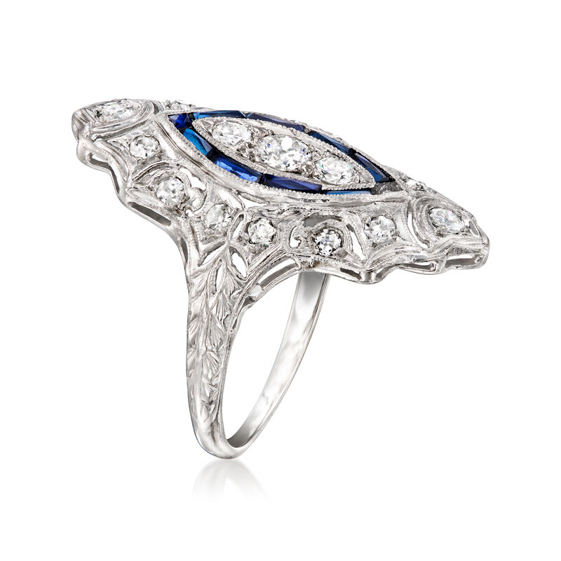 C. 1950 Vintage .65 ct. t.w. Diamond Dinner Ring with .24 ct. t.w. Synthetic Sapphires in Platinum. Size 6 image number 2