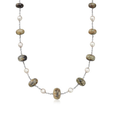 C. 1980 Vintage 11-17mm Green Labradorite and 7mm Cultured Pearl Station Necklace in 18kt White Gold
