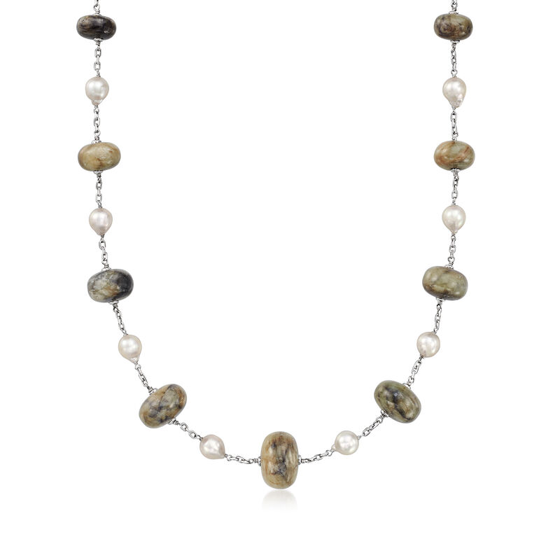 C. 1980 Vintage 11-17mm Green Labradorite and 7mm Cultured Pearl Station Necklace in 18kt White Gold. 19.5&quot; image number 0