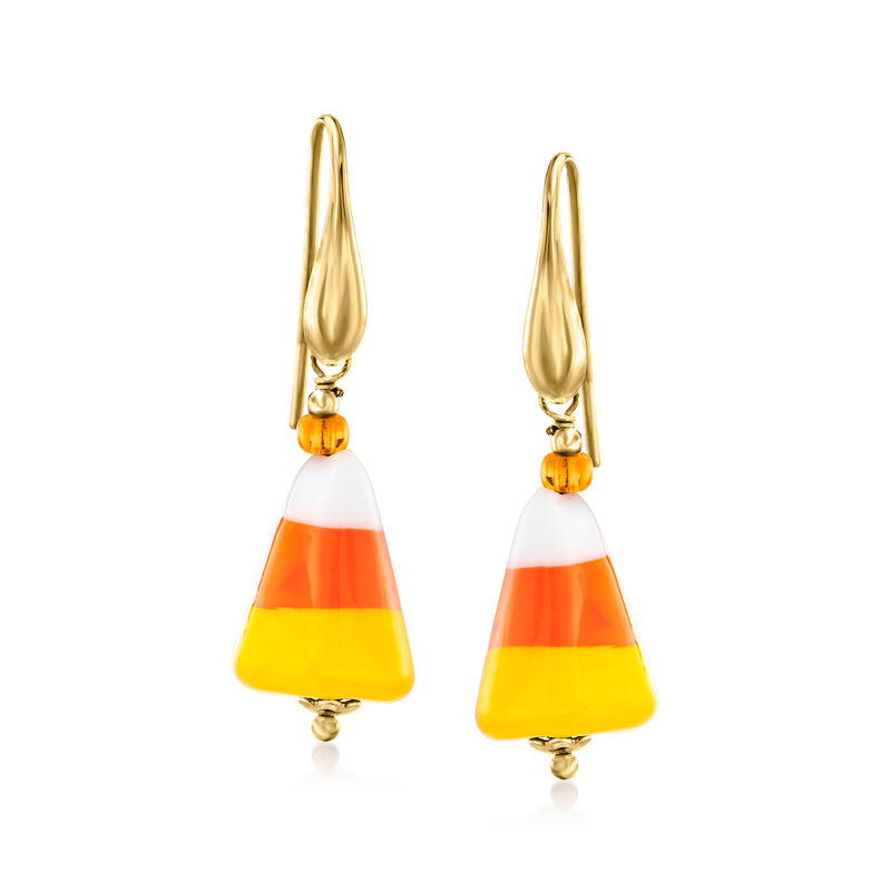 Italian Murano Glass Halloween Candy Corn Drop Earrings in 18kt Gold Over Sterling image number 0