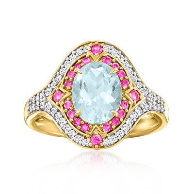 1.50 Carat Aquamarine Ring with .30 ct. t.w. Pink Sapphires and .26 ct. t.w. Diamonds in 14kt Yellow Gold