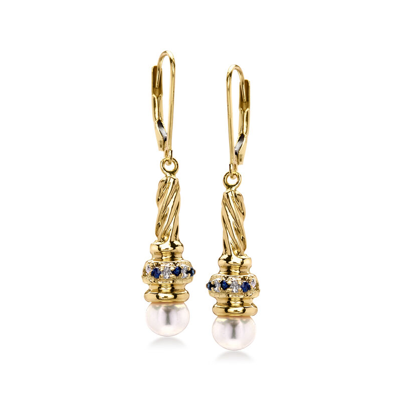 C. 1980 Vintage 6mm Cultured Pearl and .12 ct. t.w. Sapphire Drop Earrings in 14kt Two-Tone Gold image number 0