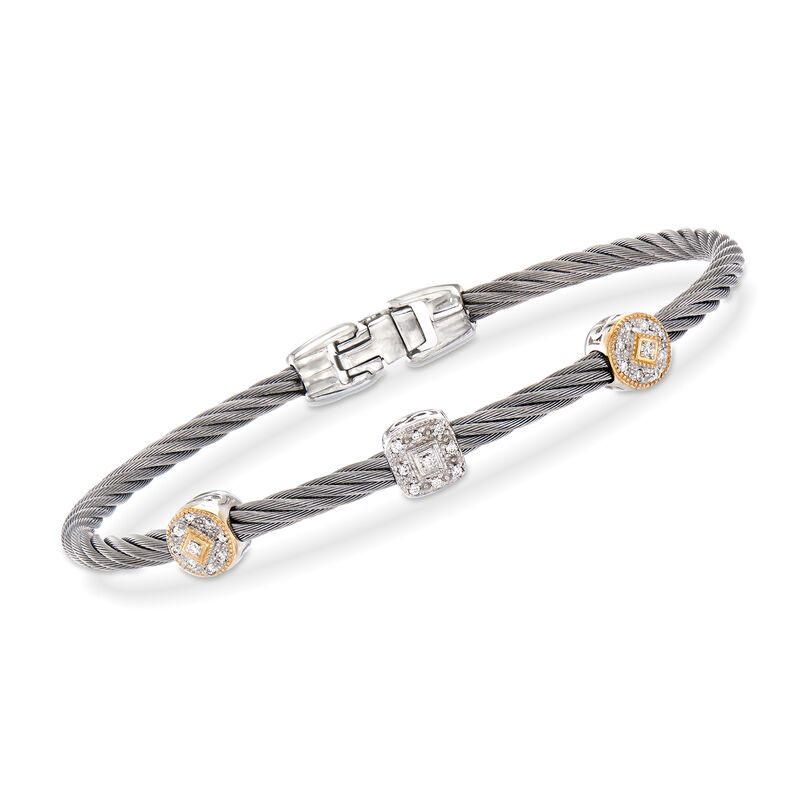 ALOR &quot;Shades of Alor&quot; .14 ct. t.w. Diamond Gray Carnation Cable Station Bracelet in Stainless Steel and 18kt Yellow and White Gold. 7&quot; image number 0