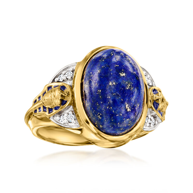 Lapis King Tut Ring with .10 ct. t.w. White Topaz and Blue Enamel in 18kt Gold Over Sterling image number 3