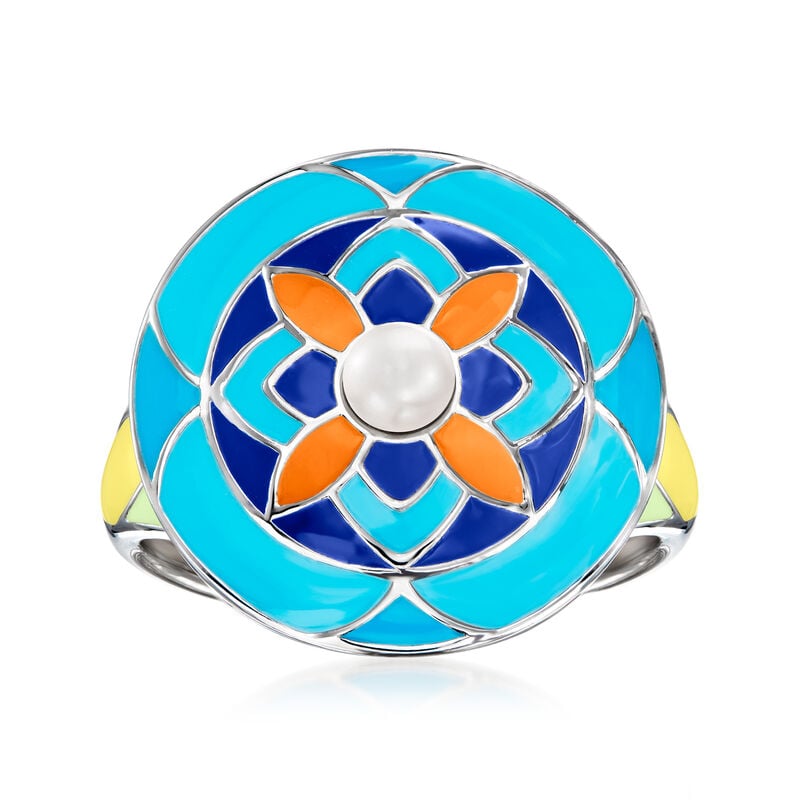3.5-4mm Cultured Pearl and Multicolored Enamel Ring in Sterling Silver image number 0