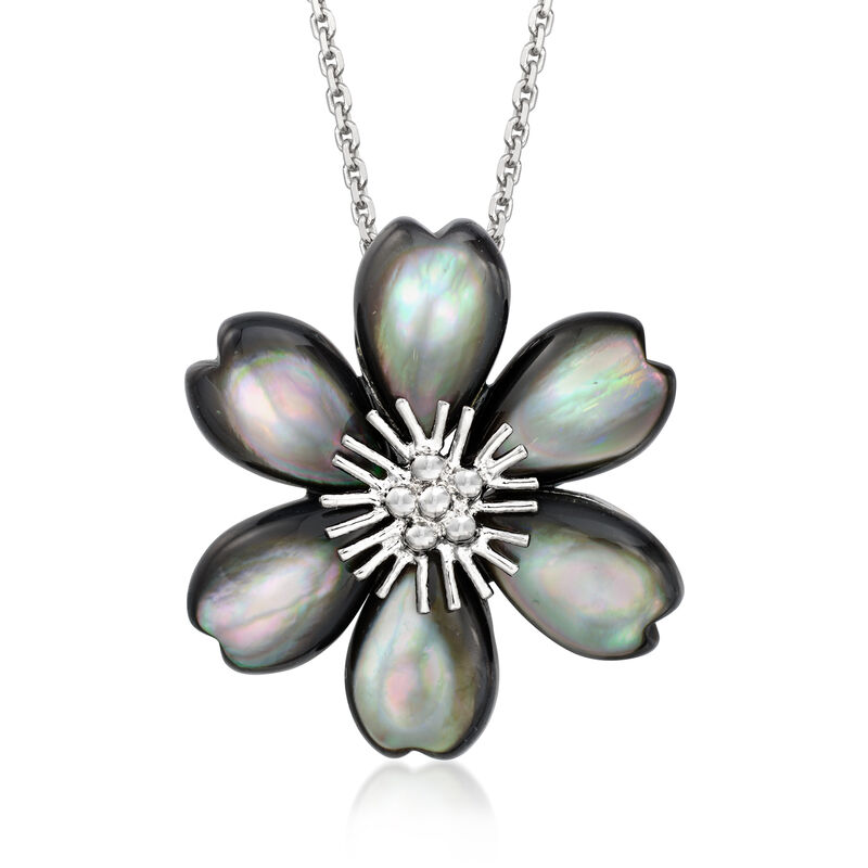Carved Black Mother-of-Pearl Flower Pendant Necklace in Sterling Silver. 18" image number 1
