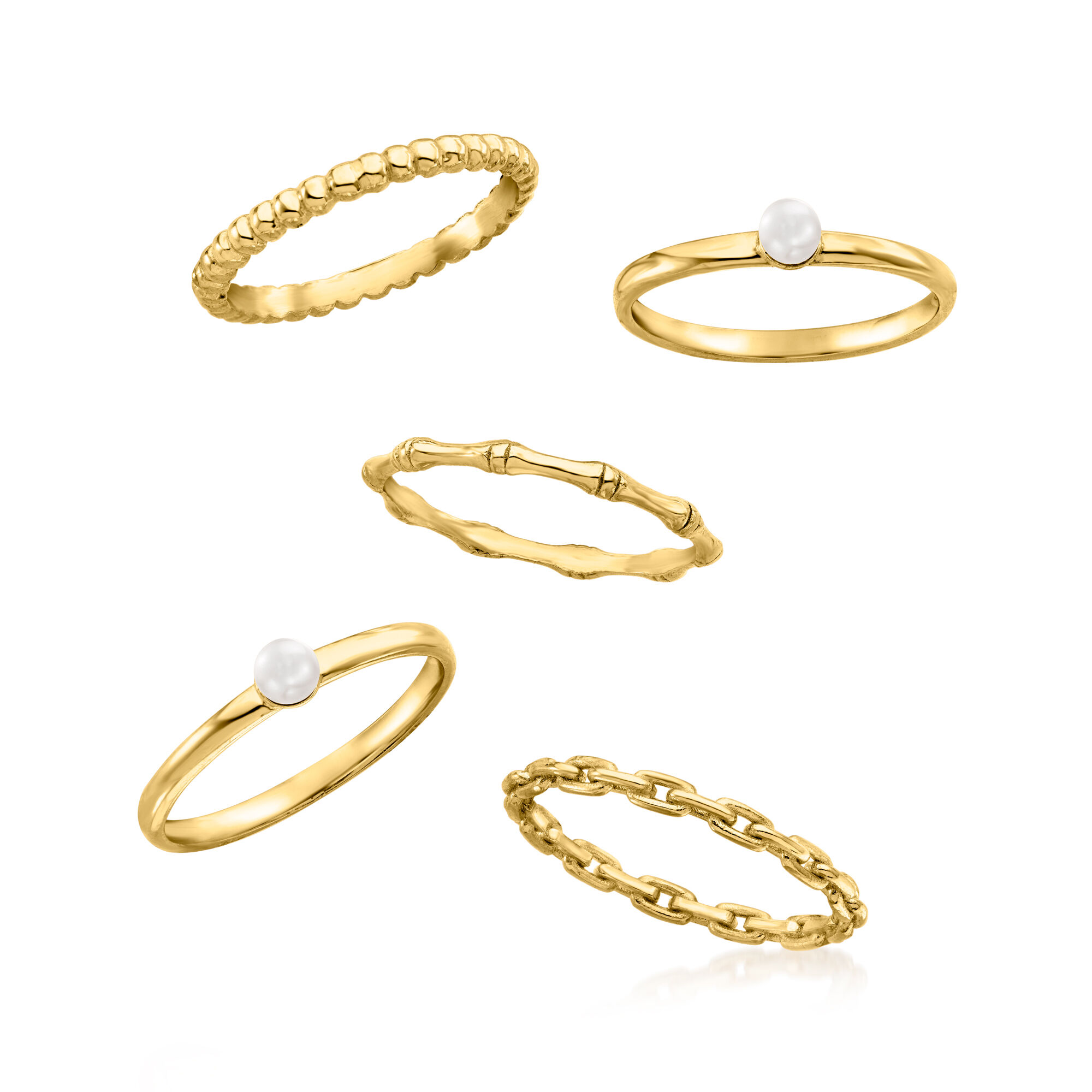 3.5mm Cultured Pearl Jewelry Set: Five Stackable Rings in 18kt