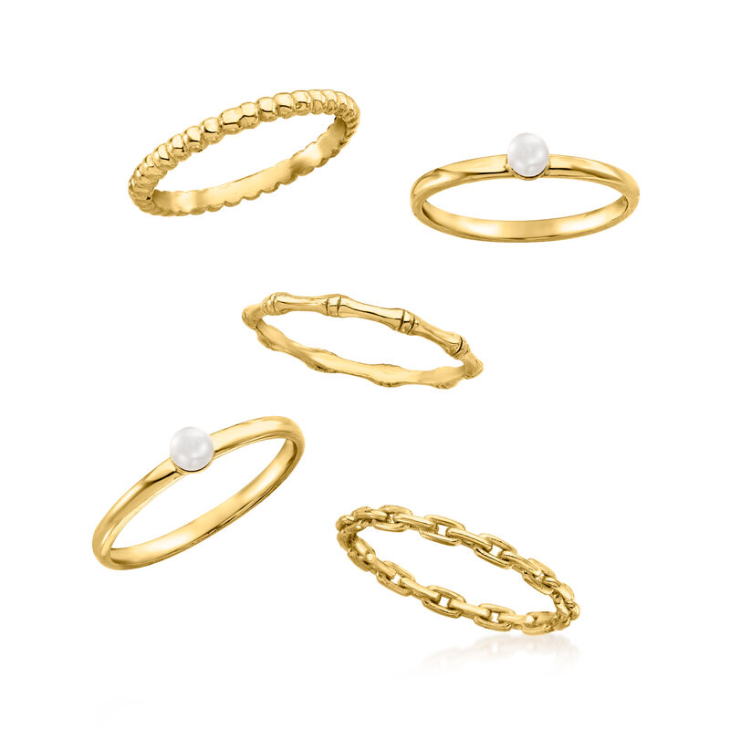 3.5mm Cultured Pearl Jewelry Set: Five Stackable Rings in 18kt Gold Over Sterling image number 3