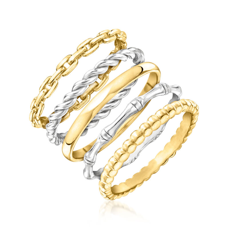 Sterling Silver and 18kt Gold Over Sterling Jewelry Set: Five Stackable Rings image number 2