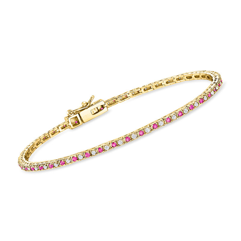 .90 ct. t.w. Ruby and .59 ct. t.w. Lab-Grown Diamond Tennis Bracelet in 18kt Gold Over Sterling. 7&quot; image number 0
