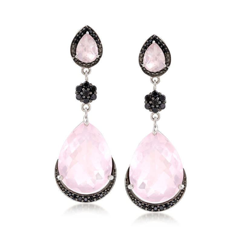 22.20 ct. t.w. Rose Quartz and 1.00 ct. t.w. Black Spinel Drop Earrings in Sterling Silver image number 0