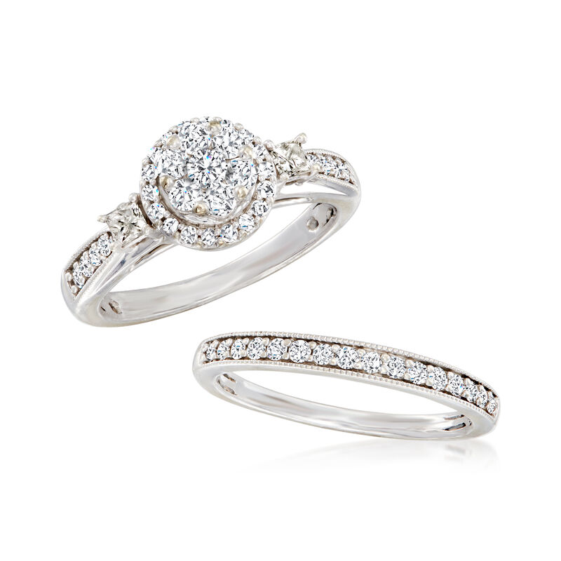C. 1990 Vintage 1.25 ct. t.w. Diamond Bridal Set: Engagement and Wedding Rings in 10kt White Gold image number 3