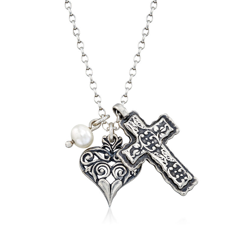 Cultured Pearl Heart and Cross Charm Necklace in Sterling Silver. 18&quot; image number 1