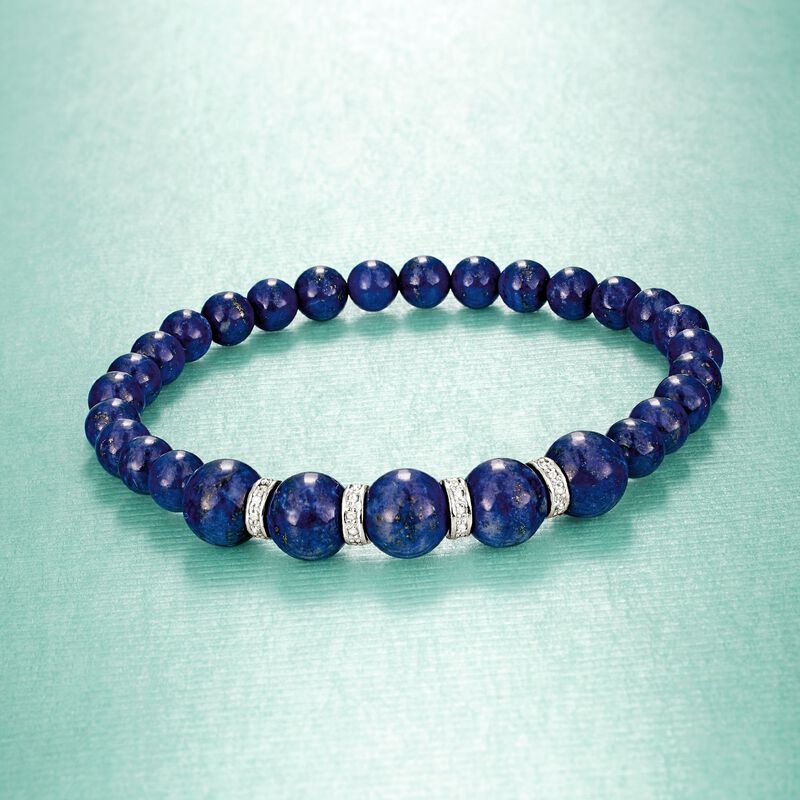 6-8mm Lapis Bead and .24 ct. t.w. Diamond Stretch Bracelet with Sterling Silver image number 2