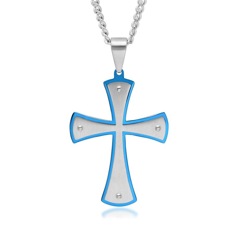 Men's White and Blue Stainless Steel Cross Pattee Pendant Necklace. 24&quot; image number 0