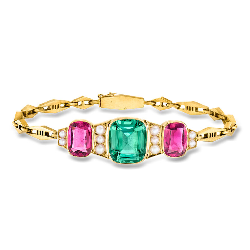 C. 1930 Vintage 2.5-3mm Cultured Pearl, 6.75 Carat Green Tourmaline and 3.80 ct. t.w. Pink Tourmaline Bracelet in 14kt and 18kt Yellow Gold. 7" image number 0