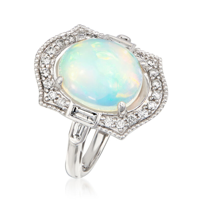 Opal and .46 ct. t.w. Baguette and Round Diamond Ring in 14kt White Gold image number 2