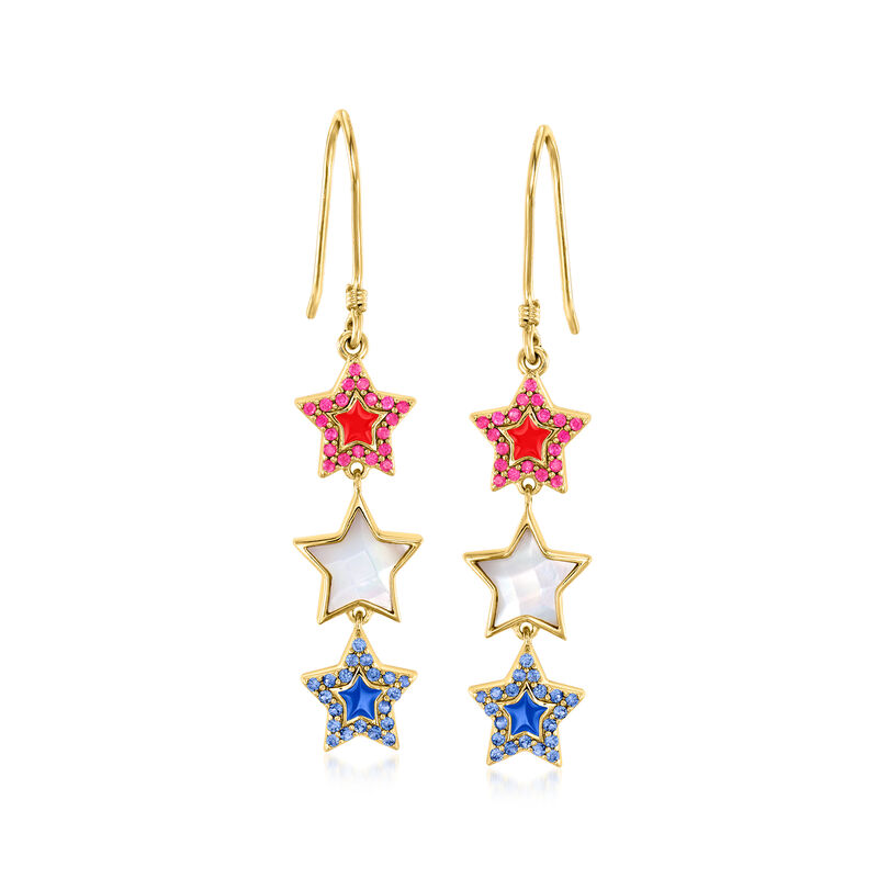 .20 ct. t.w. Ruby, .20 ct. t.w. Sapphire and Mother-of-Pearl Star Drop Earrings with Red and Blue Enamel in 18kt Gold Over Sterling image number 0