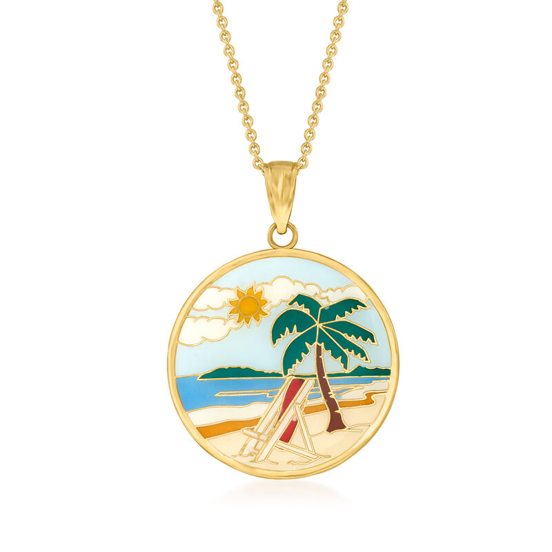 Multicolored Enamel Beach Scene Pendant Necklace in 14kt Yellow Gold. 18" image number 1