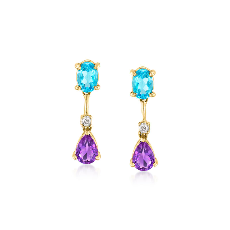 C. 1990 Vintage 1.50 ct. t.w. Swiss Blue Topaz and 1.30 ct. t.w. Amethyst Drop Earrings with Diamonds in 14kt Yellow Gold  image number 0