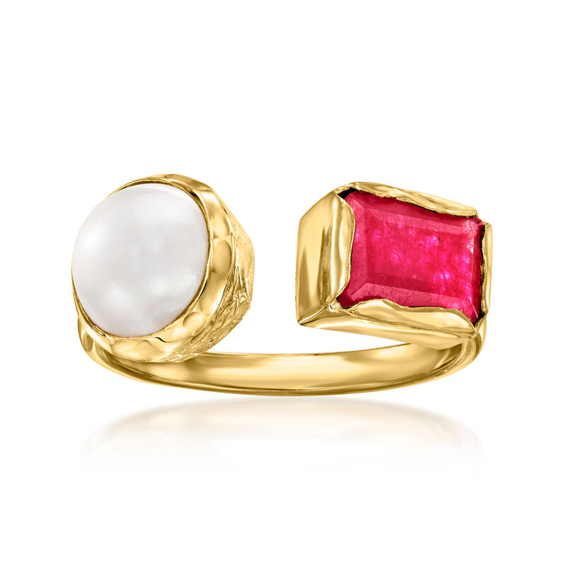 8-8.5mm Cultured Pearl and 1.50 Carat Pink Quartz Toi et Moi Ring in 18kt Gold Over Sterling image number 0
