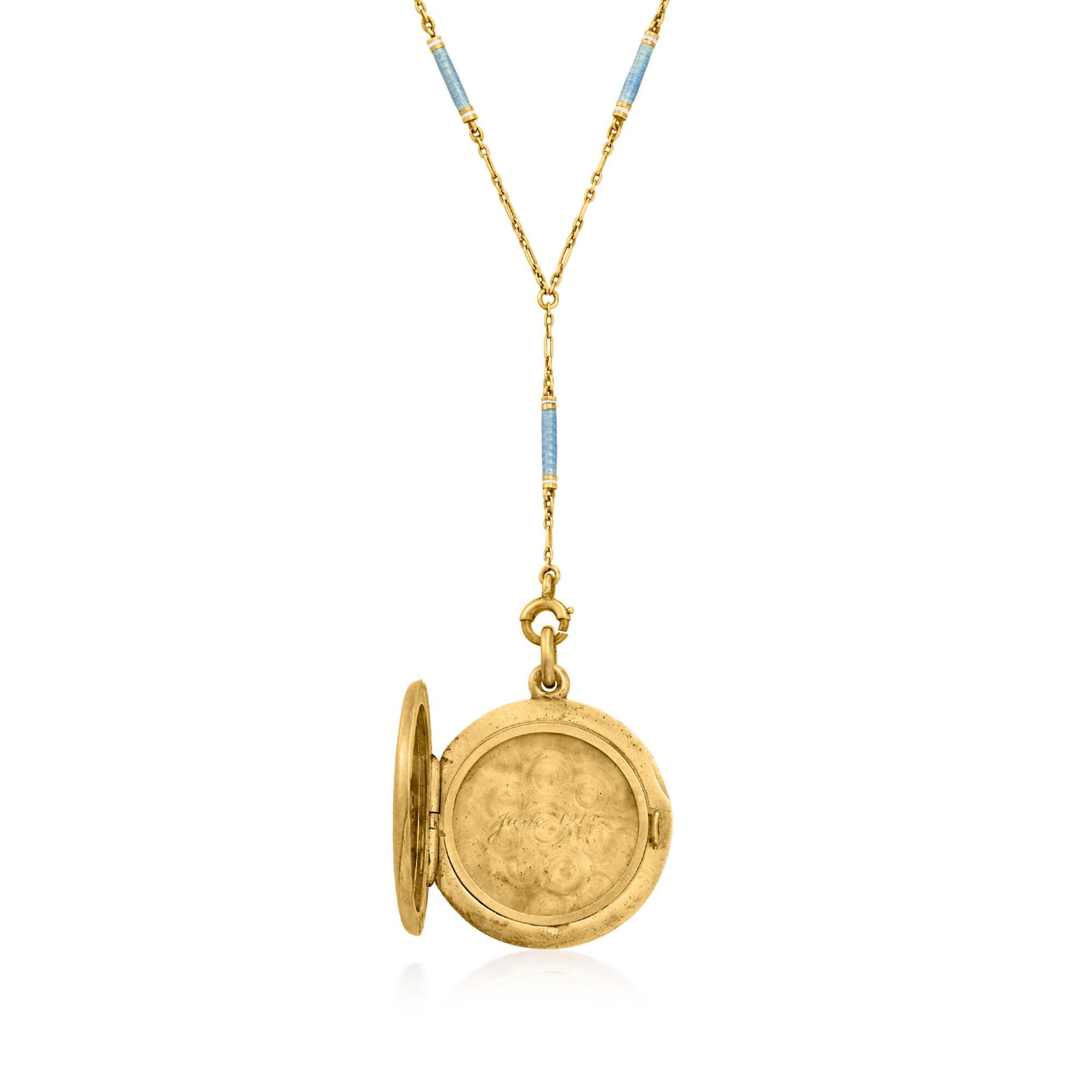 C. 1912 Vintage Blue Guilloche Enamel and .10 Carat Diamond Locket Y- Necklace in 14kt Yellow Gold. 13