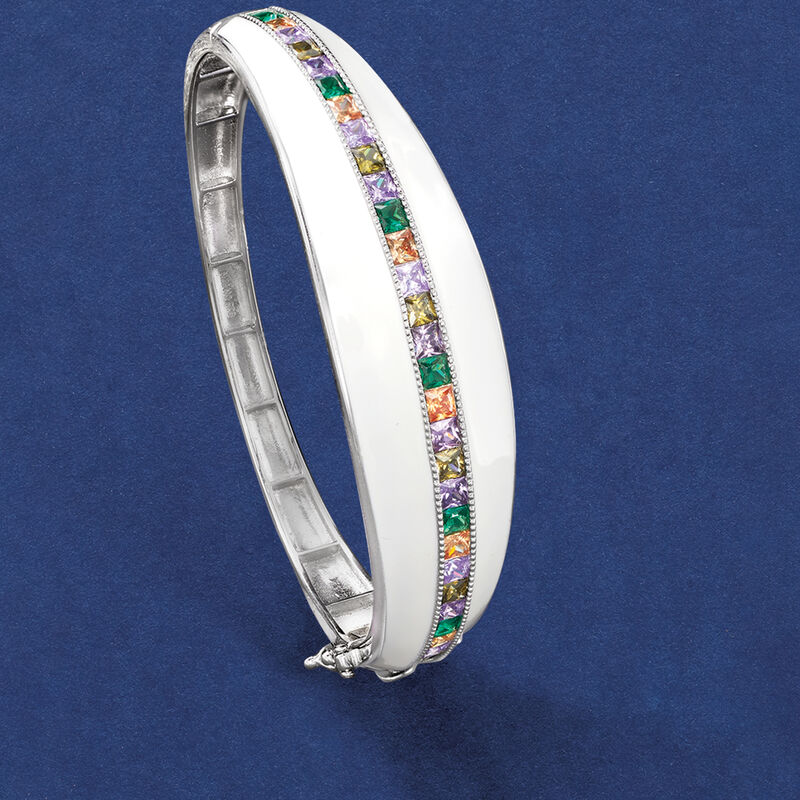 4.50 ct. t.w. Multicolored CZ and White Enamel Bangle Bracelet in Sterling Silver image number 3