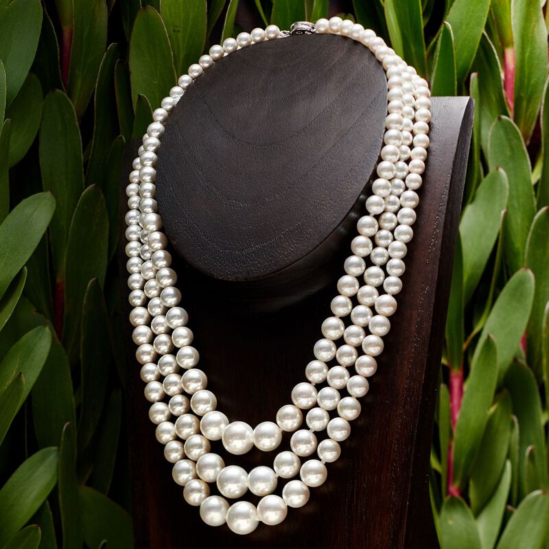 6-12mm Shell Pearl Graduated Three-Strand Necklace with Sterling Silver. 18&quot; image number 3