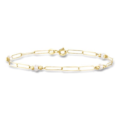 Italian 3-3.5mm Cultured Pearl Paper Clip Link Bracelet in 10kt Yellow Gold