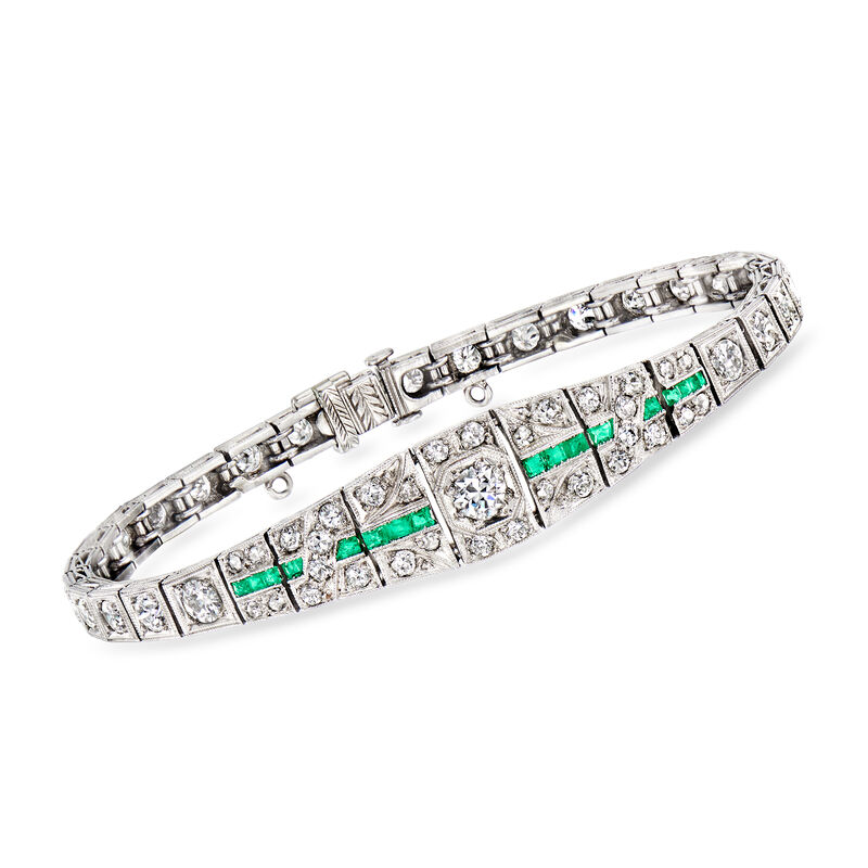 C. 1935 Vintage 2.75 ct. t.w. Diamond and .33 ct. t.w. Emerald Bracelet in Platinum. 6.25&quot; image number 0